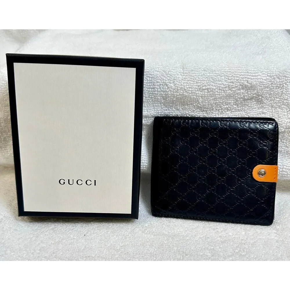 Gucci Guccissima Leather Bi Fold Wallet ~ Black/ Blue ~ Made Italy ~ with Box